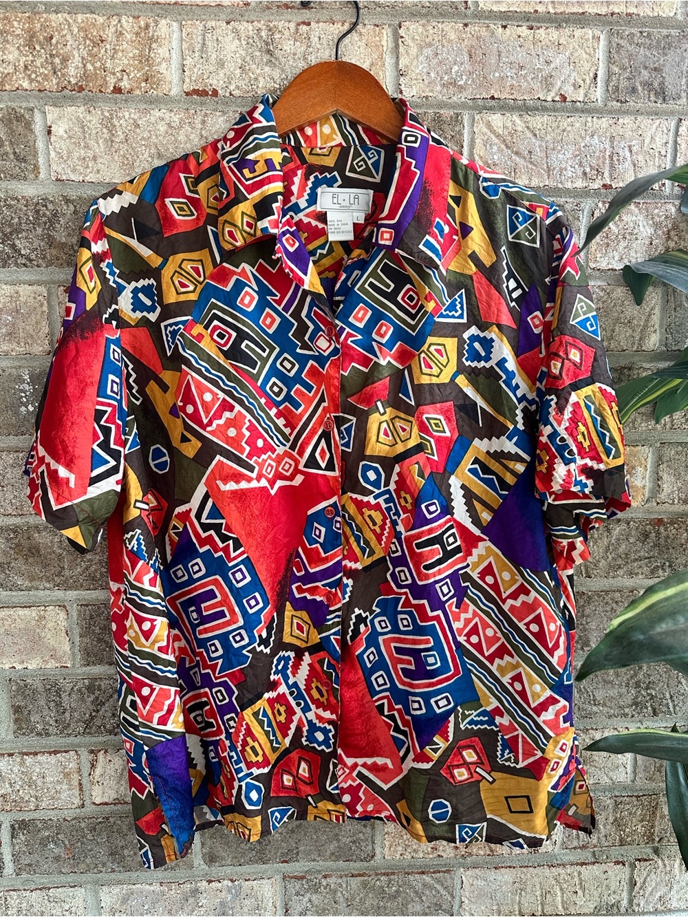 Vintage EL LA Silk Multicolor Geometric Short-Sleeve Button Camp Shirt Large